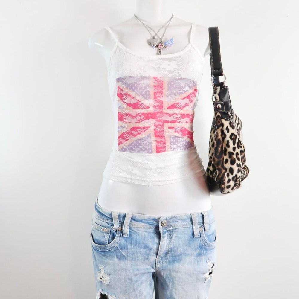 y2k white lace pink union jack cami